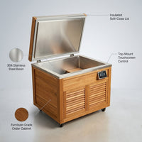 Cedar Cold Plunge Built for Recovery, 304 Stainless Steel, Soft-Close Lid, Whisper-Quiet Operation — infographic